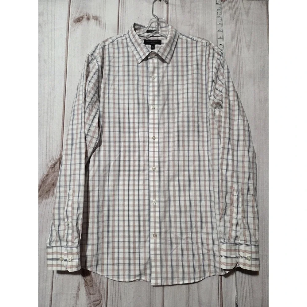 Banana Republic Shirt Mens Large White Blue Plaid Non-Iron Slim Fit Button Dress